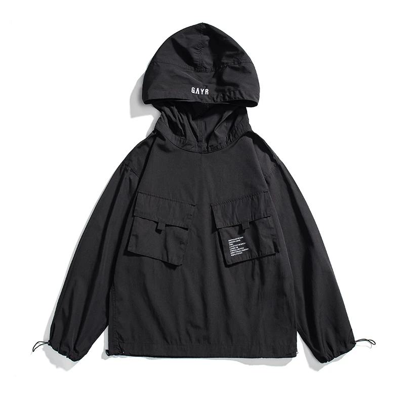 New Arrival Embroidery Printed Men's Pullover Hooded Coats Multi-Pocket Side Function Zipper Wind-Proof Casual Outdoor Jackets