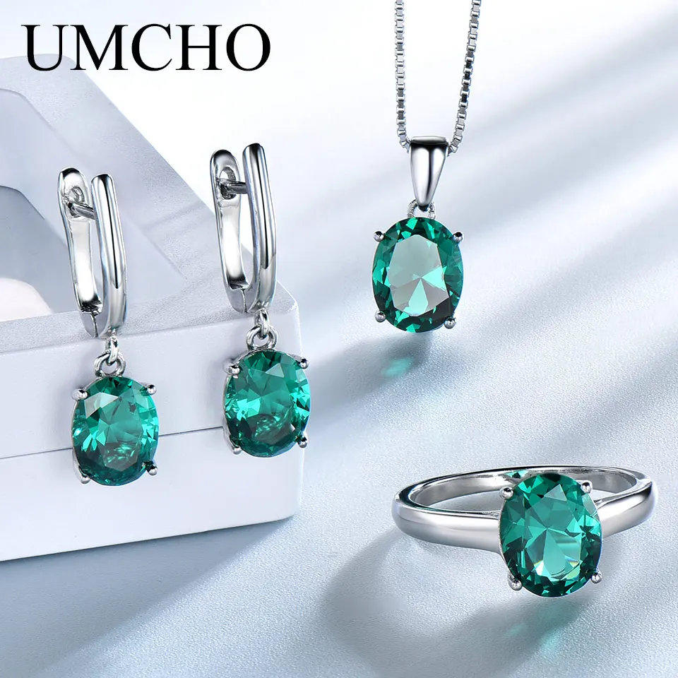 UMCHO Elegant 925 Sterling Silver Pendants Necklace Rings Earrings Nano Emerald Wedding Jewelry Sets For Women With Box Chain | Украшения и