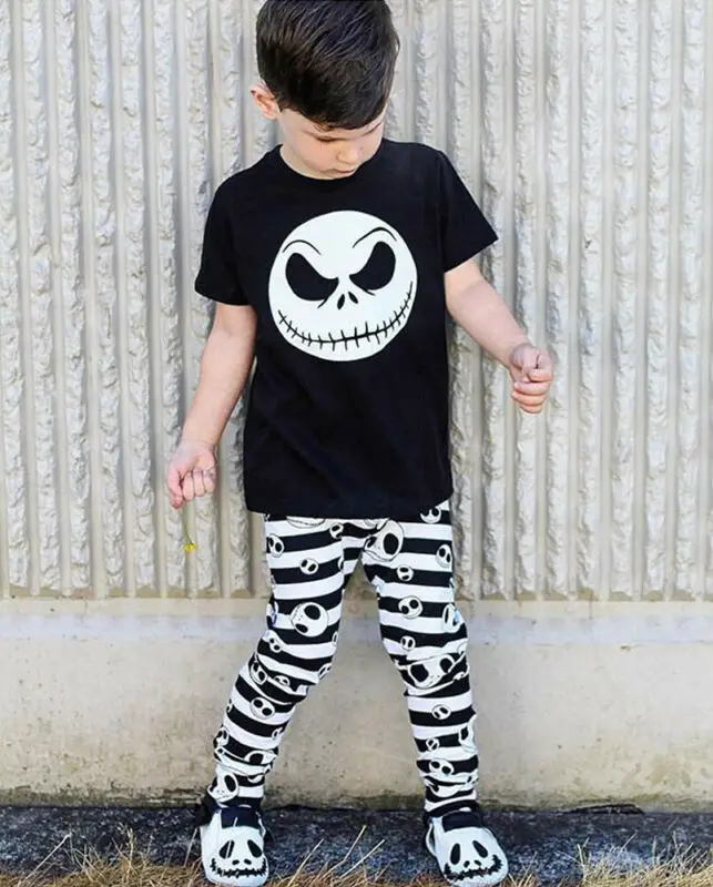 2019 Cotton Halloween Newborn Kids Baby Boy Skull Tops Short Sleeve T-Shirt Striped Long Pants Outfit Set Clothes Costume 2Pcs