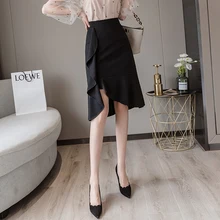 Новая женская короткая юбка с завышенной талией и асимметричным хвостом в бедрах юбки черного цвета 3635