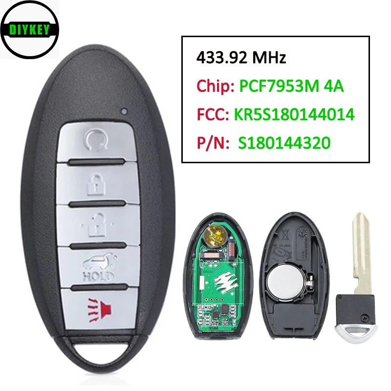 

Пульт дистанционного управления DIYKEY KR5S180144014 433,92 МГц PCF7953M 4A, 5 кнопок, для Infiniti QX60 2016-2018 P/N: S180144320