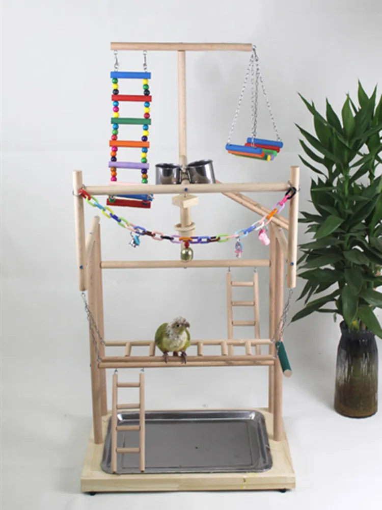 Wood Parrot Playground Lovebirds Playgym With Feeder Bird Playstand Bite Toy Bird Perches With Ladders Cockatiel Activity Center