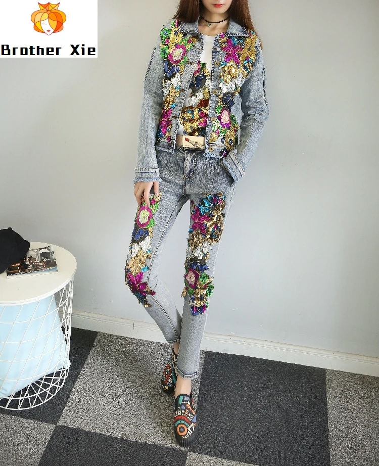 

Women's Gloria Jeans Sets New Fashion Long Sleeve Sequins Denim Jacket Coat + Slim Denim Pants Two Piece Girl Lady Jeans Suit