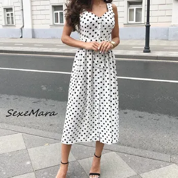 

Casual Elegant Vintage Women Slim Long Dress Summer 2020 Spaghetti Straps Sashes Dot Dress