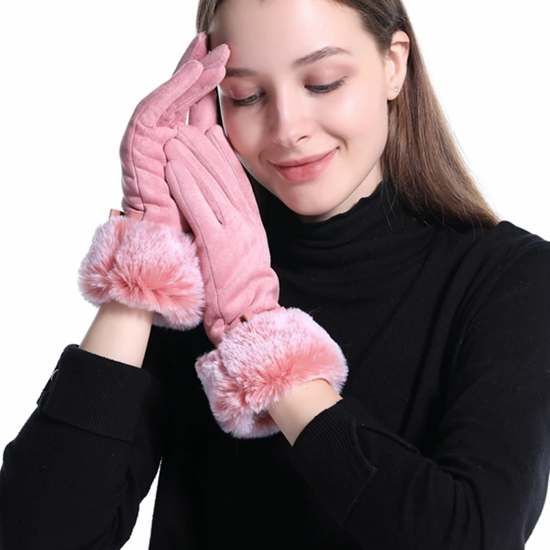 Женские утепленные зимние перчатки, модные, теплые, утолщенные, элегантные, искусственный мех, на запястье, одноцветные, варежки, теплые, женские перчатки