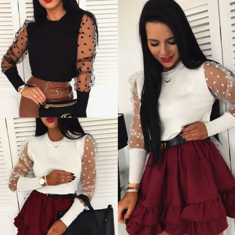 NEW Fashion Women Round Collar Polka Dot Mesh Sheer Tee See-through Long Puff Sleeve Slim Fit Club Tops Casual T-Shirts