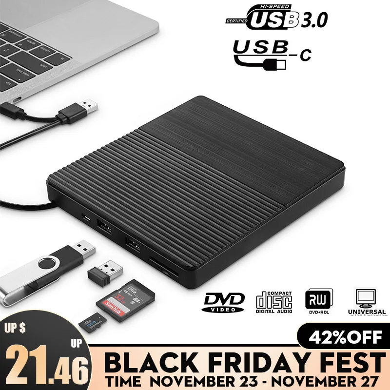 US $23.31 External DVD Drive USB 30TypeC Optical Drive Portable DVD RW CD Burner Suppot SD Cards Reader For Macs Laptop Windows PC