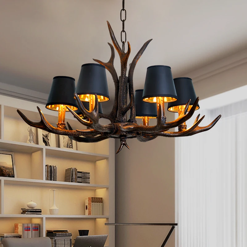 Retro Antlers LED Chandelier Resin Chain Dining Living Room Kitchen Attic Hanging Lamp Home Interior Decoration Lighting Black