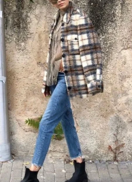 

Autumn and 2021 Winter New Plaid Jacket Button Pocket Lapel Short Jacket Casual Fashion