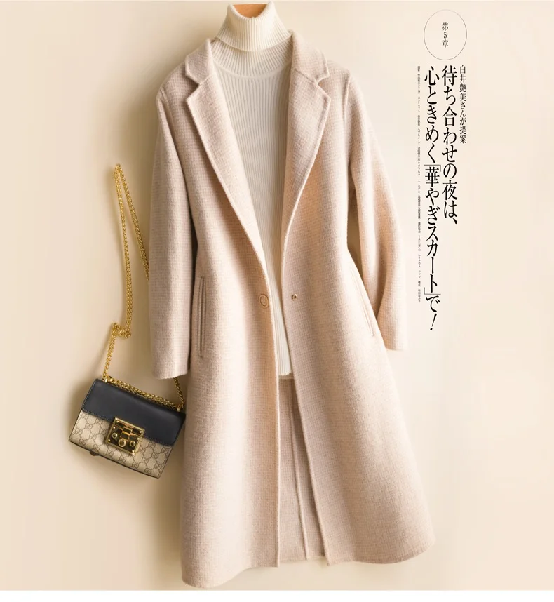 Осеннее модное длинное шерстяное пальто для женщин, высокое качество, Хаундстут, двухсторонняя кашемировая куртка из чистой шерсти, женская тонкая верхняя одежда