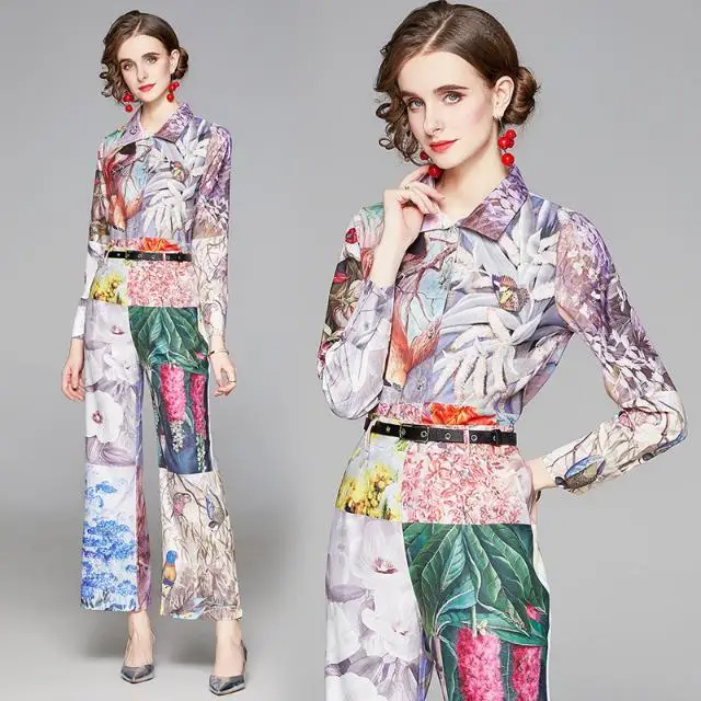 

Fashion women's suit Australian minority show suit printed women's shirt wide leg micro pull pants two piece set 2020 NEW