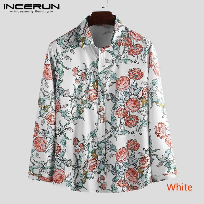 White Shirt INCERUN, модная мужская рубашка с цветочным принтом, повседневная, с длинным рукавом, тонкая, с отложным воротником, Camisa, блузка, уличная одежда, мужские Гавайские рубашки - Цвет: White Shirt