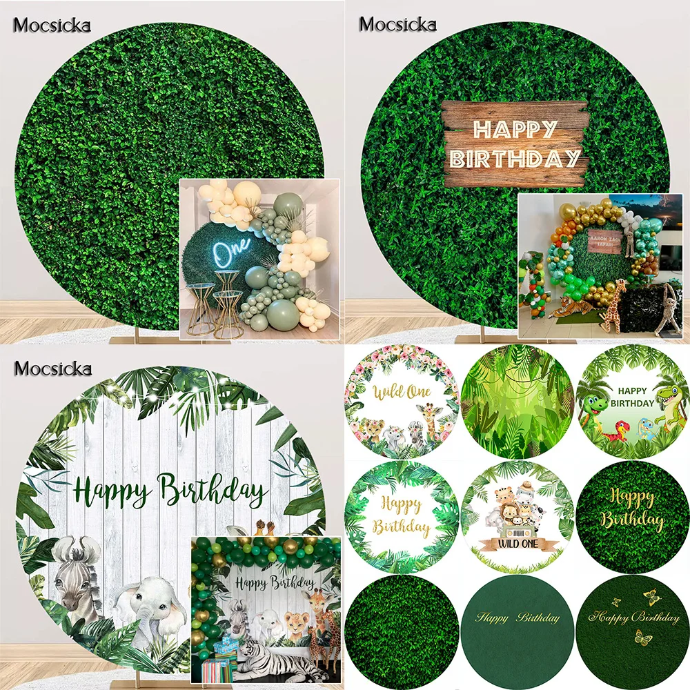 

Jungle Wild Birthday Cake Smash Backdrop Round Green Grass Leaves Background Decor Woodland Circle Cover Safari Party Background