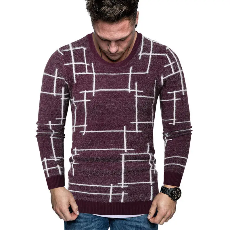 Autumn Winter Mens Sweaters Line Stitching Crew Neck Mens Pullover Sweaters Fashion Slim Males Casual Sweaters