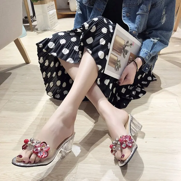 

Online Celebrity 2019 Summer New Style Korean-style tou ming gen High Heel Shoes Man-made Diamond Flower Open Toe Single-strap S