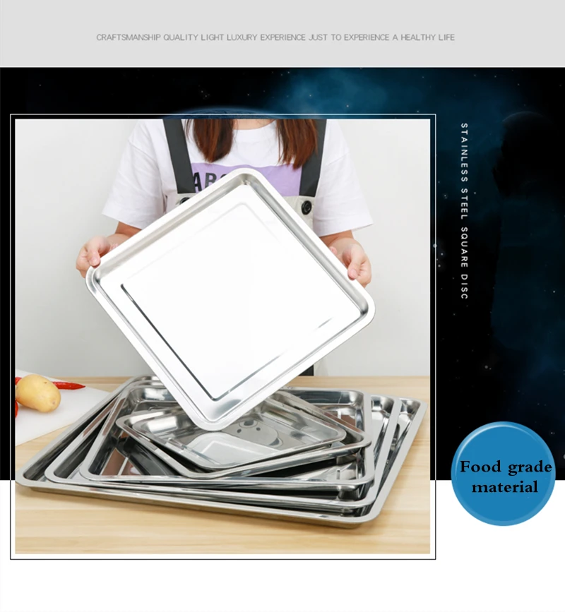 Square Stainless Steel Food Fruit Storage Tray Cake Barbecue Pastry Steamed Sausage Shallow Pans Plate Dish Kitchen Accessories