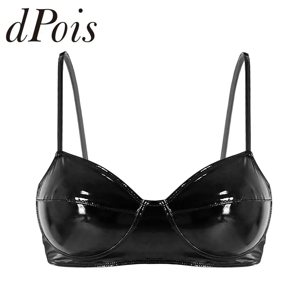 Womens Sexy Wetlook Faux Leather Bra Top Wire Free No Pad Bras Fashion Female Lingerie Braltte Raves Dances Clubwear Beach Wear