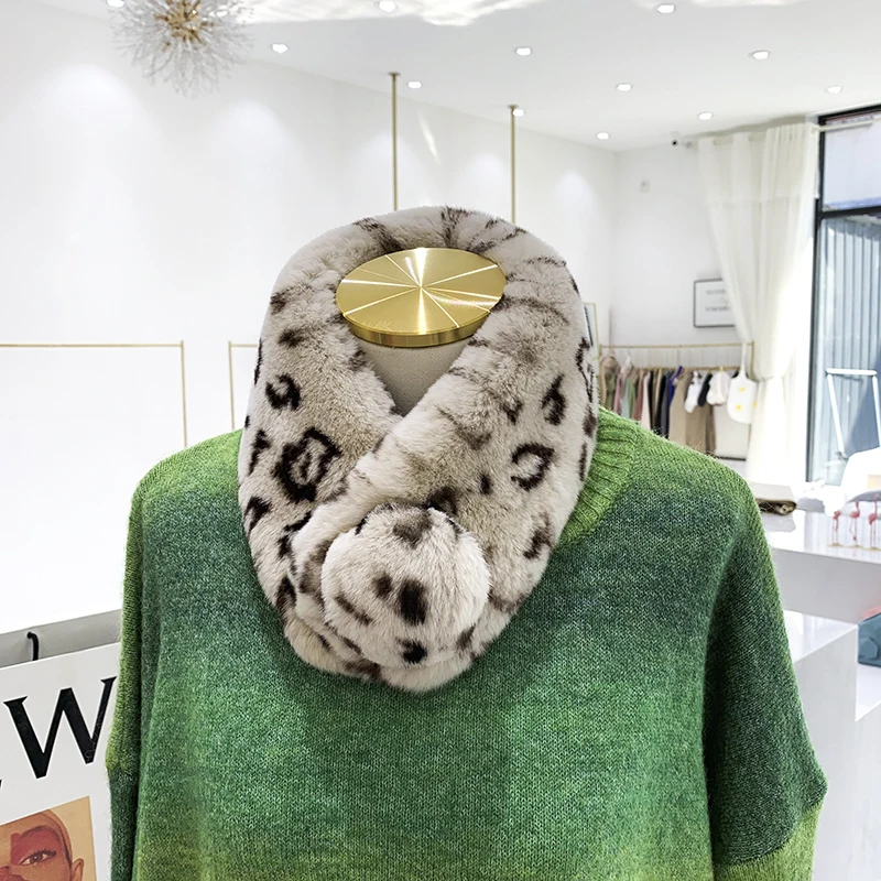 Both side fur leopard printed rabbit fur collar for overcoat, cute little hairy scarf in genuine rabbit fur 60*10cm SS