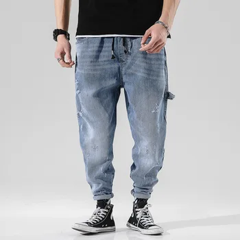 

#2645 Biker Jeans Men Elastic Waist Japanese Streetwear Hip Hop Jeans Pencil Harem Jeans Ladies Loose Casual Man Jeans Plus Size