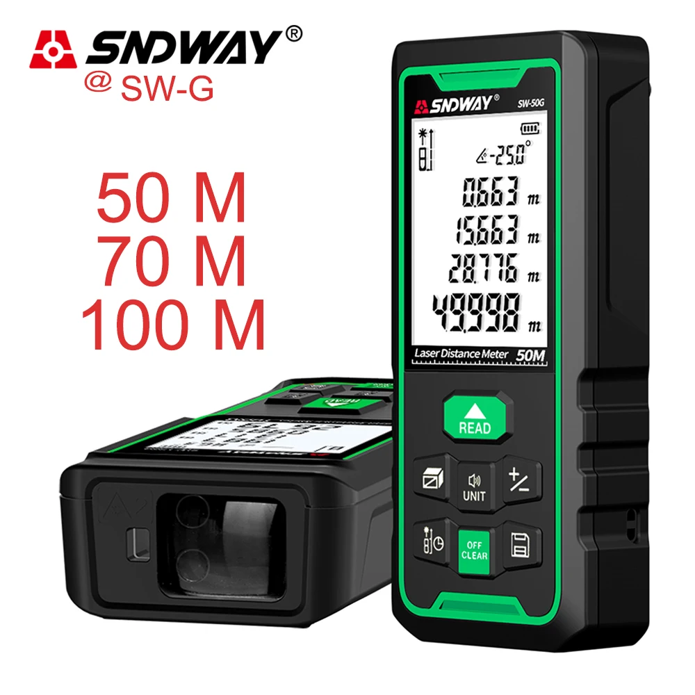 

SNDWAY Laser Distance Meter SW-70G 100m Digital Range Finder Green Laser Color Rangefinder Handheld Tape Measuring Ruler Tool