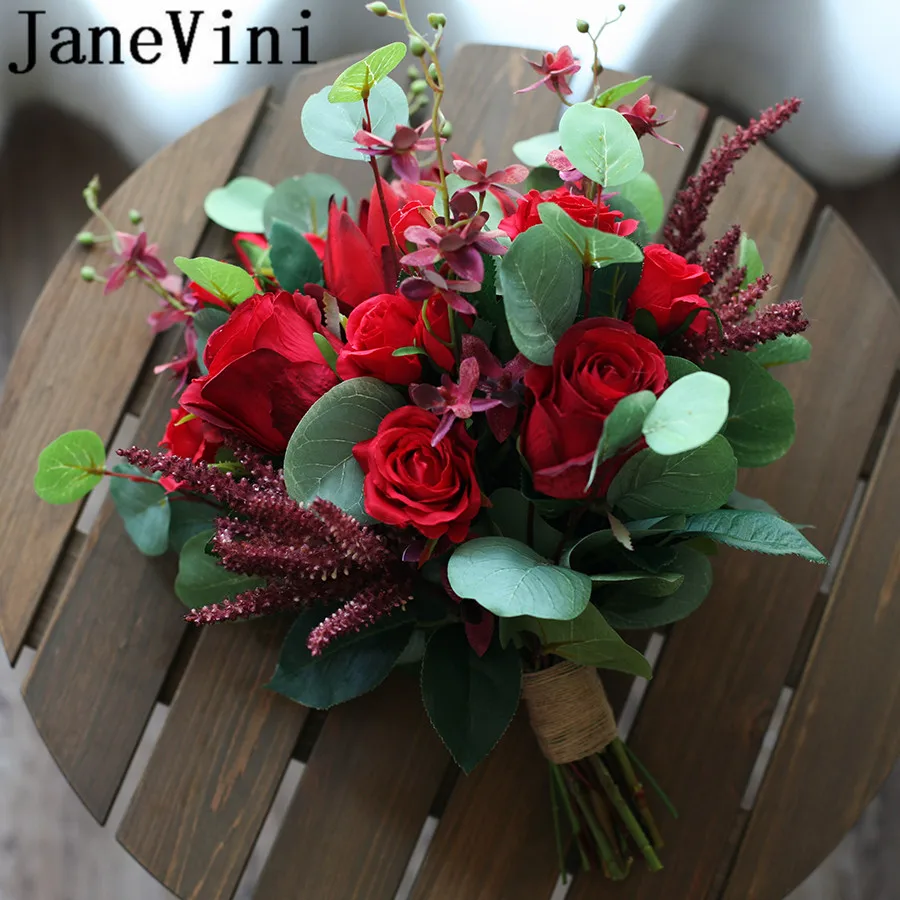 JaneVini Fleur Mariage темно-красный свадебный букет цветов Искусственные розы прочая цинароиды Свадебные букеты держатель для рук