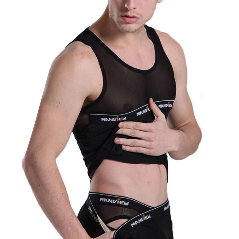 

Mesh Gym Transparent Sexy Men Tank Tops See Through Summer Sleeveless Breathable Men Singlet Knitted Stringer Bodybuilding Vest