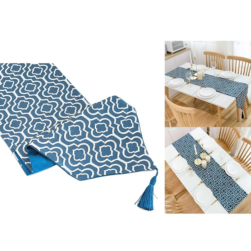 Blue Table Runner Jacquard Coffee Table Runner with Tassels Dresser