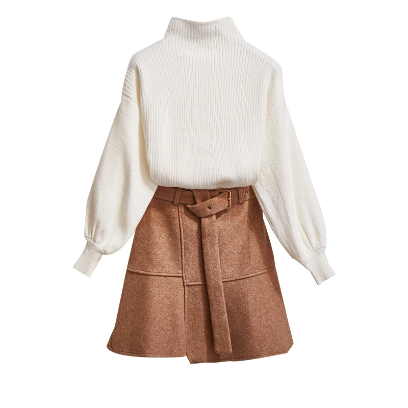 New Winter Pullover Sweater& Woolen Cloth Lantern Sleeve Knitted Top Irregular Skirt Suit With Belt Outfit Casaul Clothes