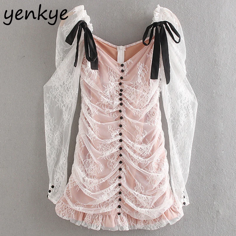 

Fashion Women Front Button Elegant Bow Draped Lace Dress Romantic Lady Long Sleeve Backless Bodycon Mini Party Sexy Dress