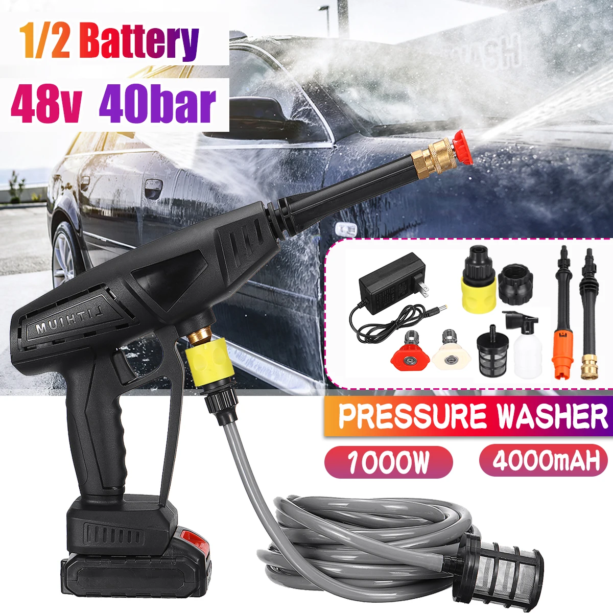 40BAR 48V Portable Washer Gun Wireless Car Washer High Pressure Car