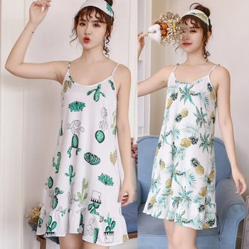

Sling cute nightdress cartoon print loose milk silk pajamas with goggles student comfort simple pajamas women