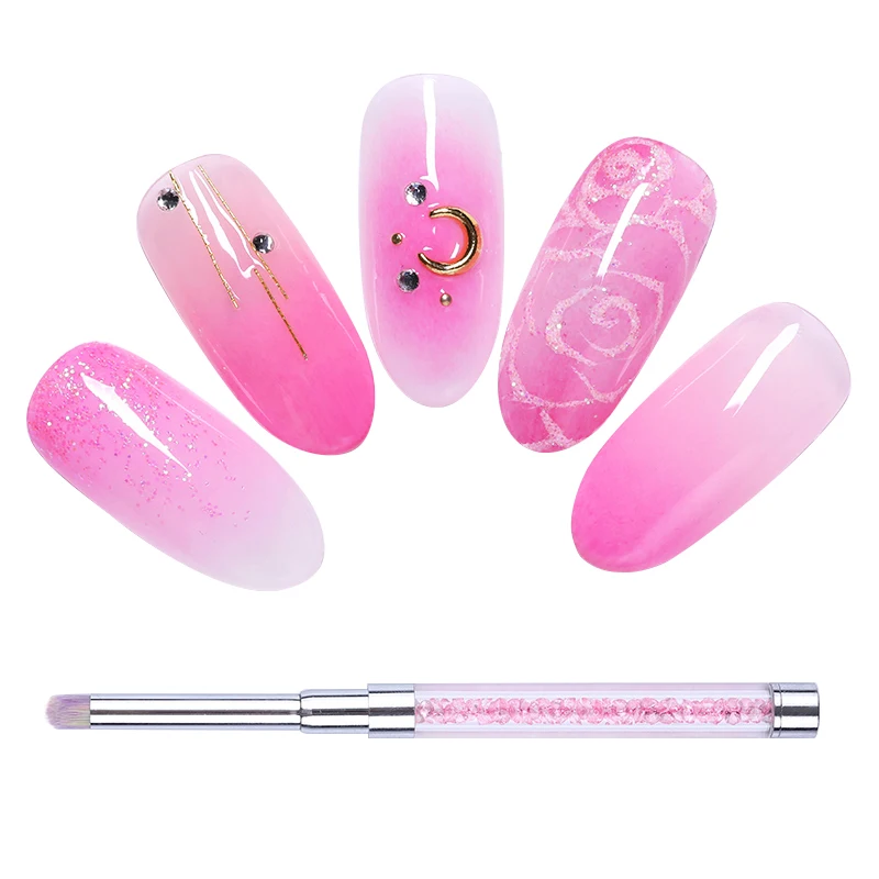 Gradient Drawing Painting Brush Pink Rhinestone Handle UV Gel Painting Pen DIY Nail Art Design Tool 1 Pc