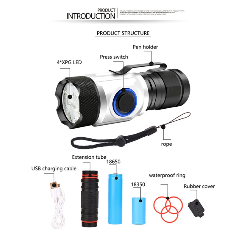 4x XPG LED Flashlight 18650 Multi-Function Torch Flashlight USB Charging Mini Flashlight Set Waterproof Lanterna 40AUG718