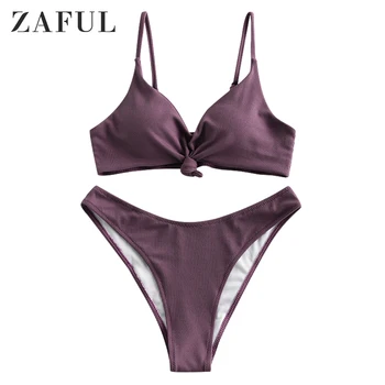 

ZAFUL Ribbed Knot High Leg Bikini Swimsuit For Women Spaghetti Straps Removable Padded High Cut Bikini Wire Free Swimwear Sexy