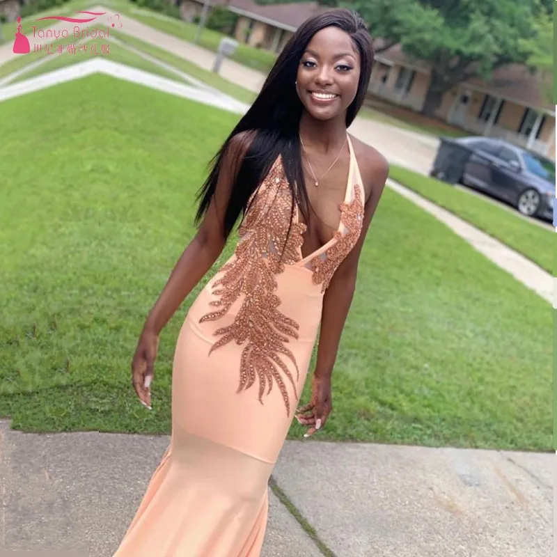 Простые элегантные вечерние платья русалки шикарные бусины Аппликации Холтер Формальное Черное женское платье для выпускного бала W059