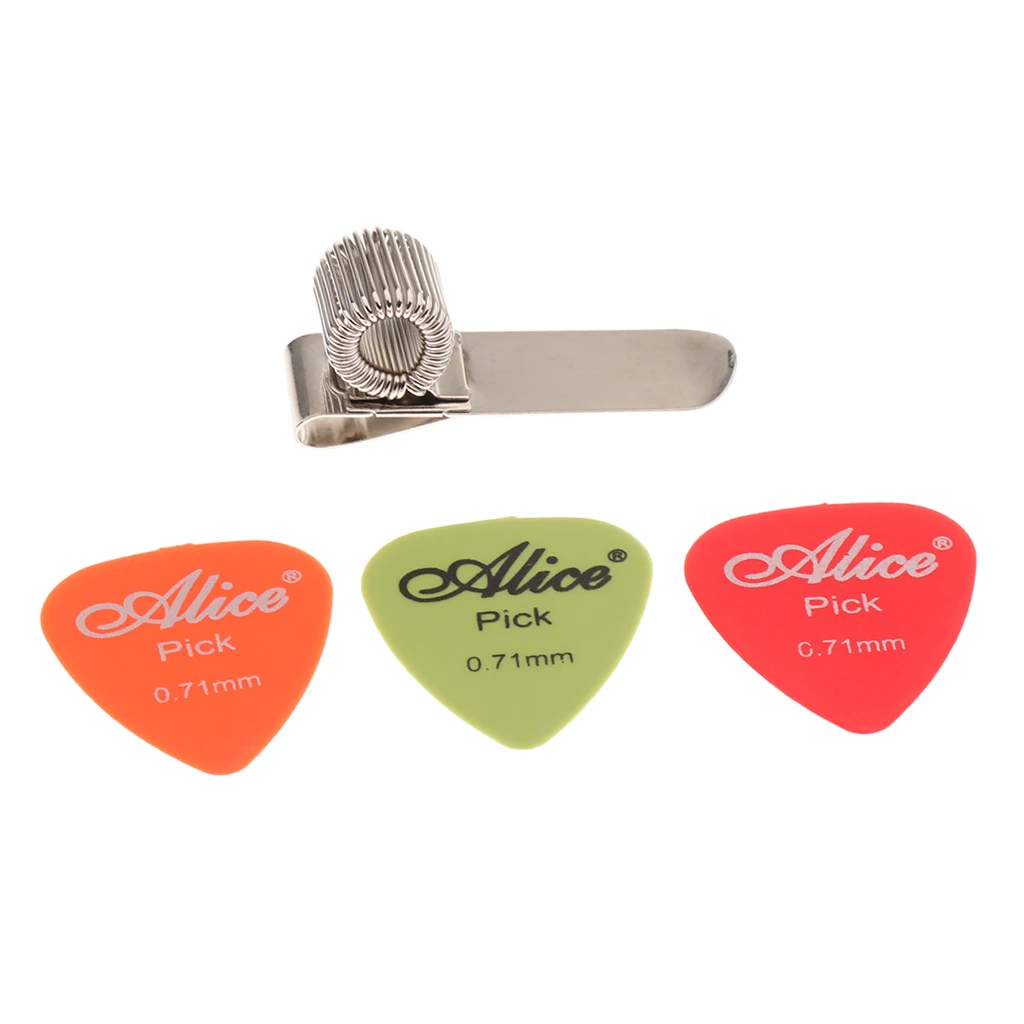 Portable 1 Set Guitars Picks + Aluminium Spring Pick Holder Clip to Strap