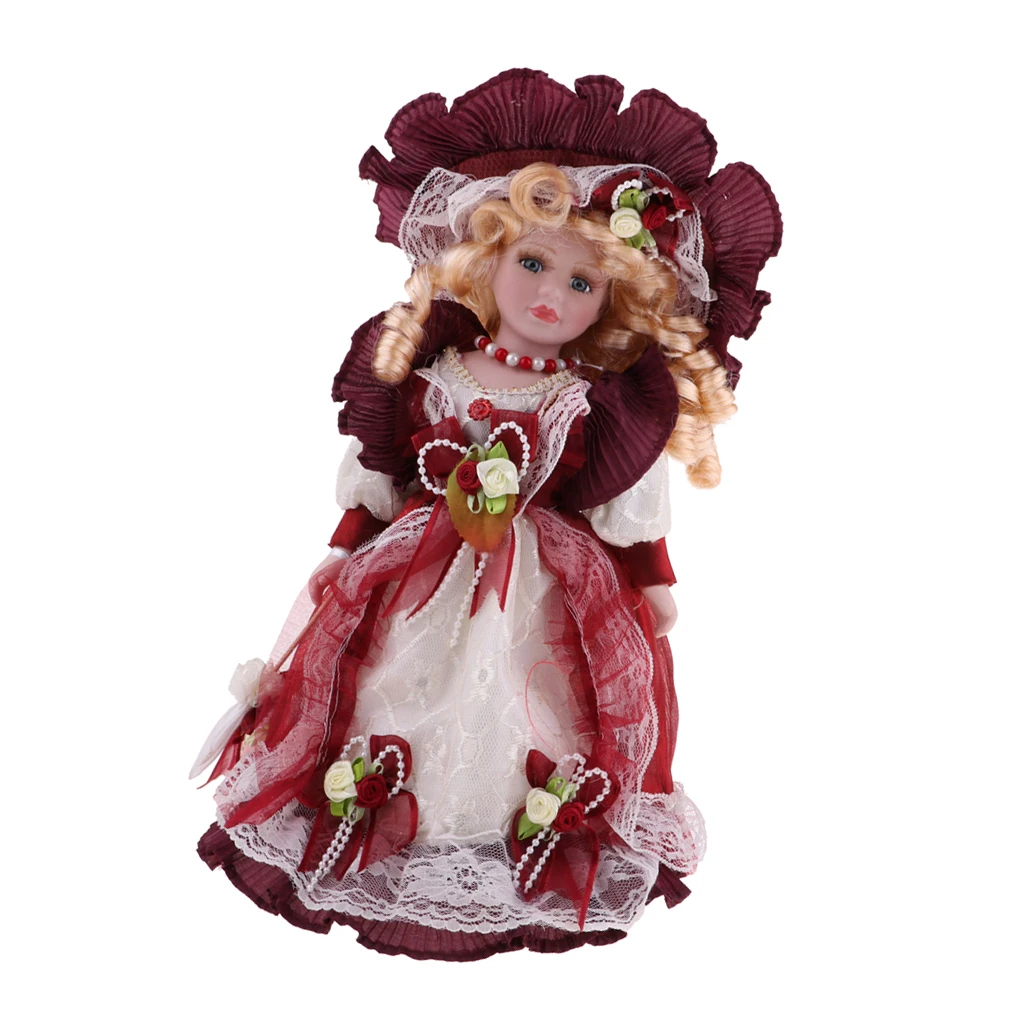 30 см фарфоровая кукла викторианская леди в бордовом платье люди фигура Винтаж кукольный домик Миниатюрный