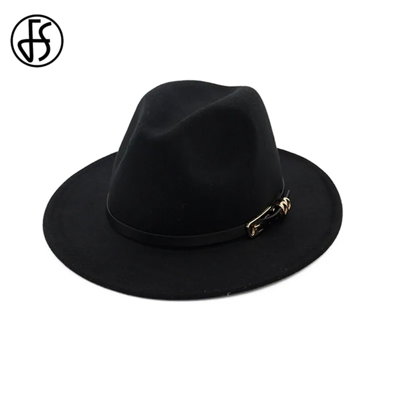 

FS Women Men Wool Fedora Hat With Belt Chain Vintage Trilby Caps Warm Winter Autumn Wide Brim Jazz Hat Chapeau Femme Feutre