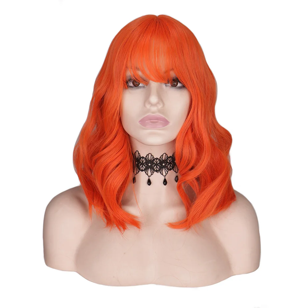 WHIMSICAL W Short Natural Wave Hair Wigs with Bangs Pink Beige Orane Heat Resistant Hair Synthetic Wig for Women