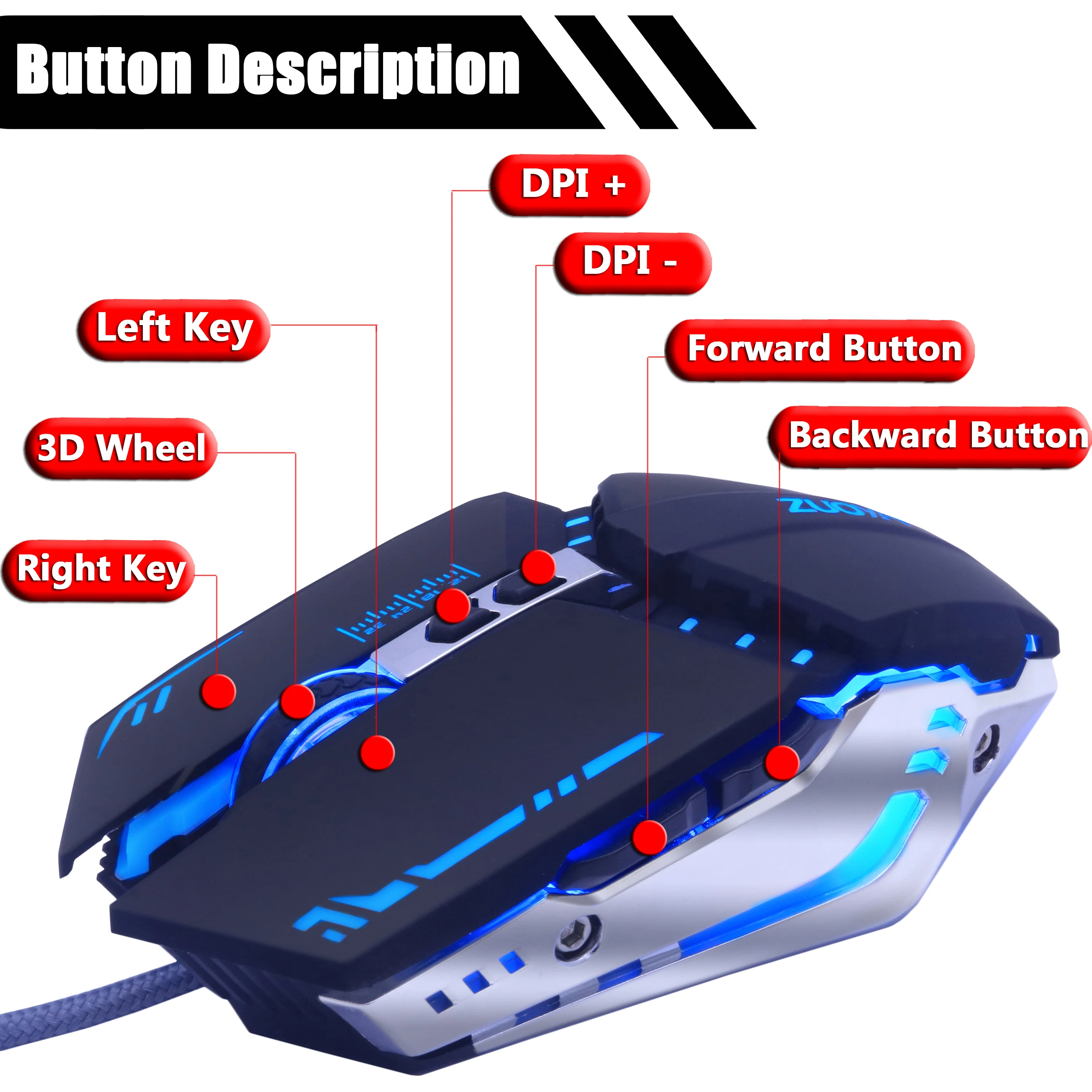 ZUOYA Gaming Mouse DPI Adjustable Wired Mouse USB Optical LED Computer Mice for Laptop PC Game Professional Gamer