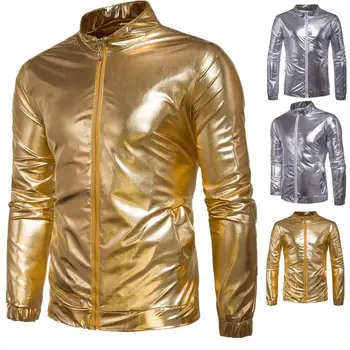 

Jacket Men Nightclub Metallic Gold Shiny Jackets Brand Fashion Coat S-lim Fits Bomber Jacket Zip Up Stand Collar Man coat winter