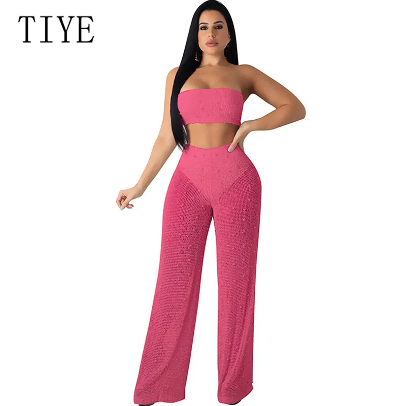 

TIYE Two Pieces Sets Skinny Strapless Tube Romper Sleeveless Female Jumpsuits Newest See Through Women Long Wide Leg Playsuits
