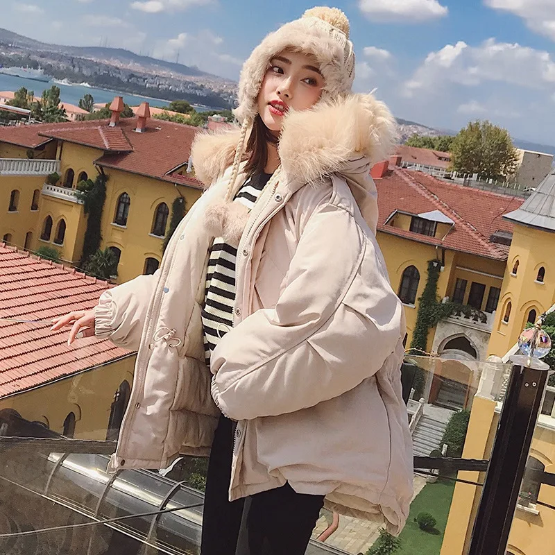

Photo Shoot INS Sweet Apricot Drawstring Waist Hugging Workwear Cotton-padded Clothes Women's Short Hooded Large Fur Collar Thic