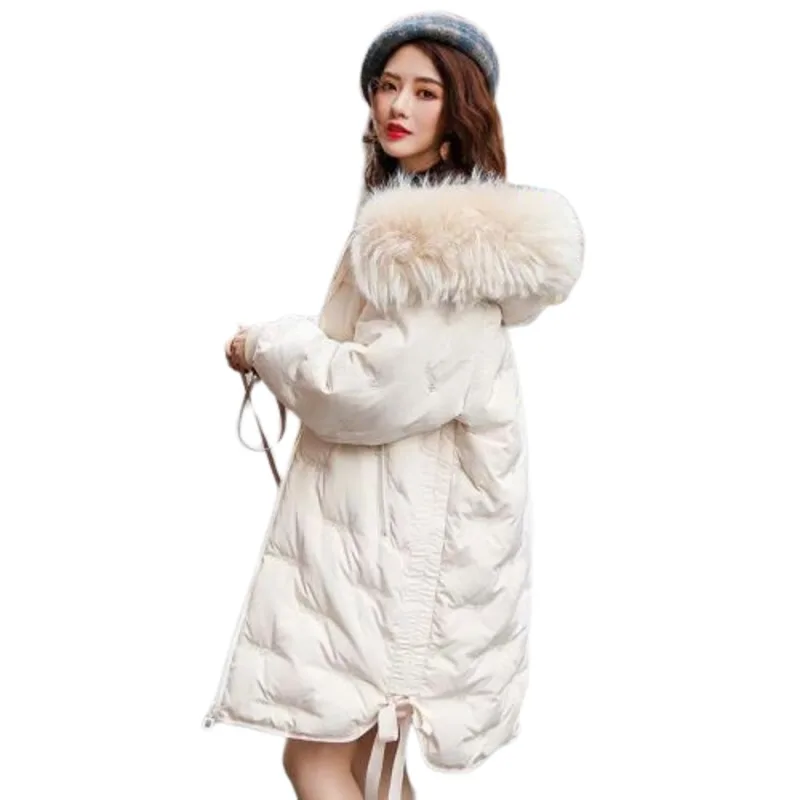 Beste Kunstmatige Haar Kraag Borduurwerk Donsjack Vrouwen Solid Winter Lange Jas Met Boog Manteau Femme Hiver Kleding Plus Size Parker