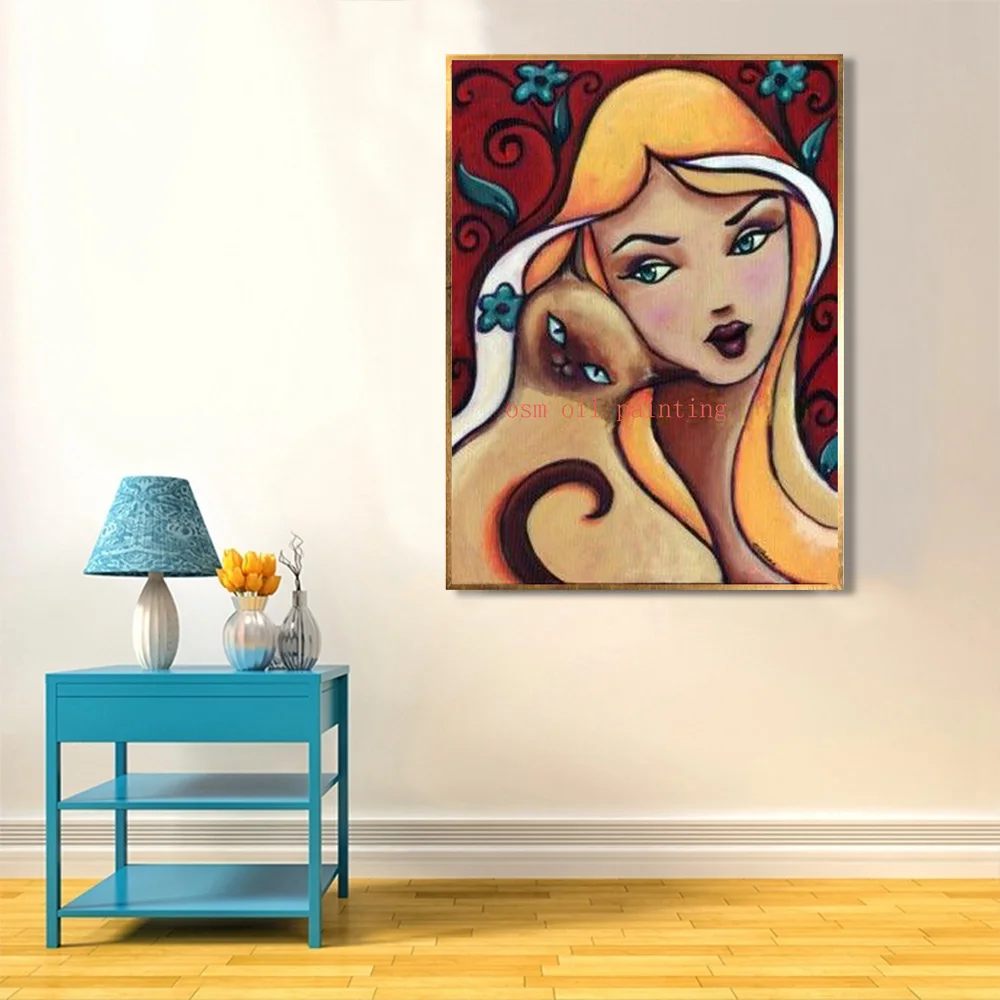 Handgemachte Moderne Abstrakte Blonde Frau Und Siamese Katze Bunte Kunst Acryl Bild Hand Gemalt Sex Dame Olgemalde Auf Leinwand Oil Painting Paintings On Canvasoil Painting On Canvas Aliexpress