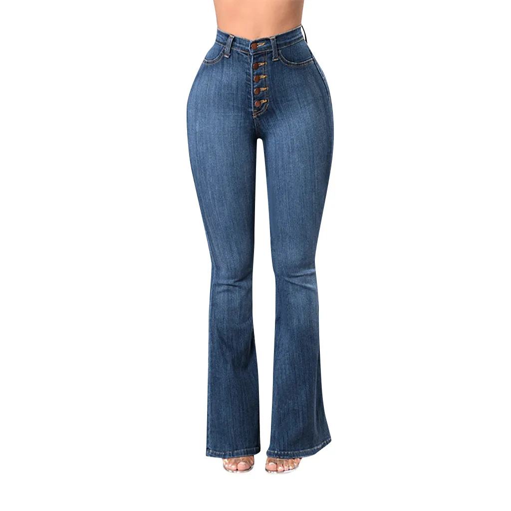 2021 Fashion Women Autumn Elastic Plus Loose Denim Pocket Button Casual  Boot Cut Pant high waist jeans|Jeans| - AliExpress