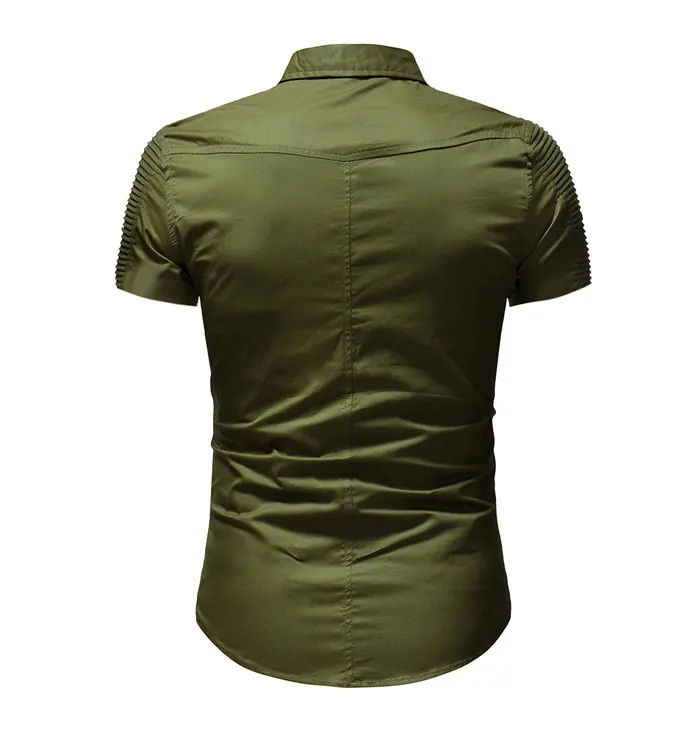 New Men Summer Fashion Short Sleeve Pocket Button Turn-down Collar Shirt Military Casual Slim Fit Male Denim Shirt Tops