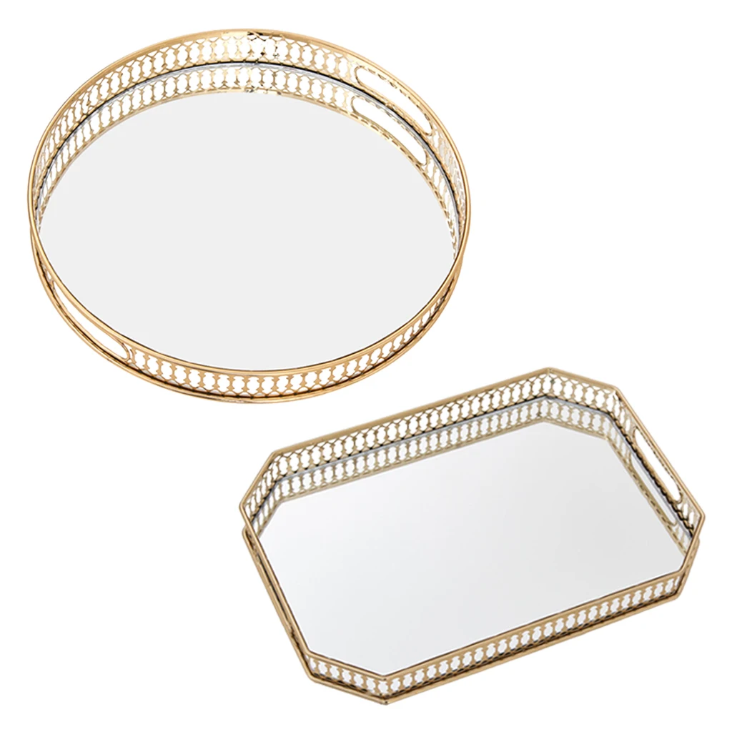 Gold Mirrored Glass Metal Tray Organizer Storage Dessert Serving Plate