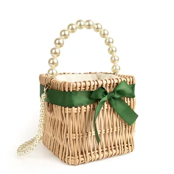 

2020 New Pearl straw small handbag wild style women bag ins rattan small square bag shoulder beach bag