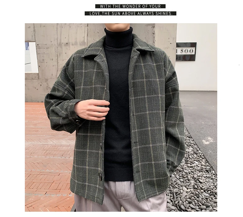 Autumn Woolen Jacket Men's Fashion Retro Casual Woolen Coat Men Streetwear Wild Loose Plaid Jacket Overcoat Male Clothes